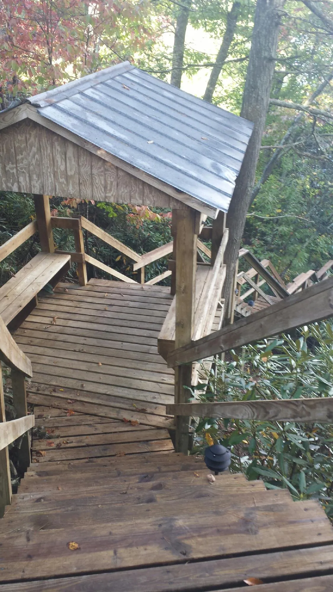 Metal roofed shelter over wooden steps on a wooded walkway — Skylight Repair & Installation work by our crew in Mineral City